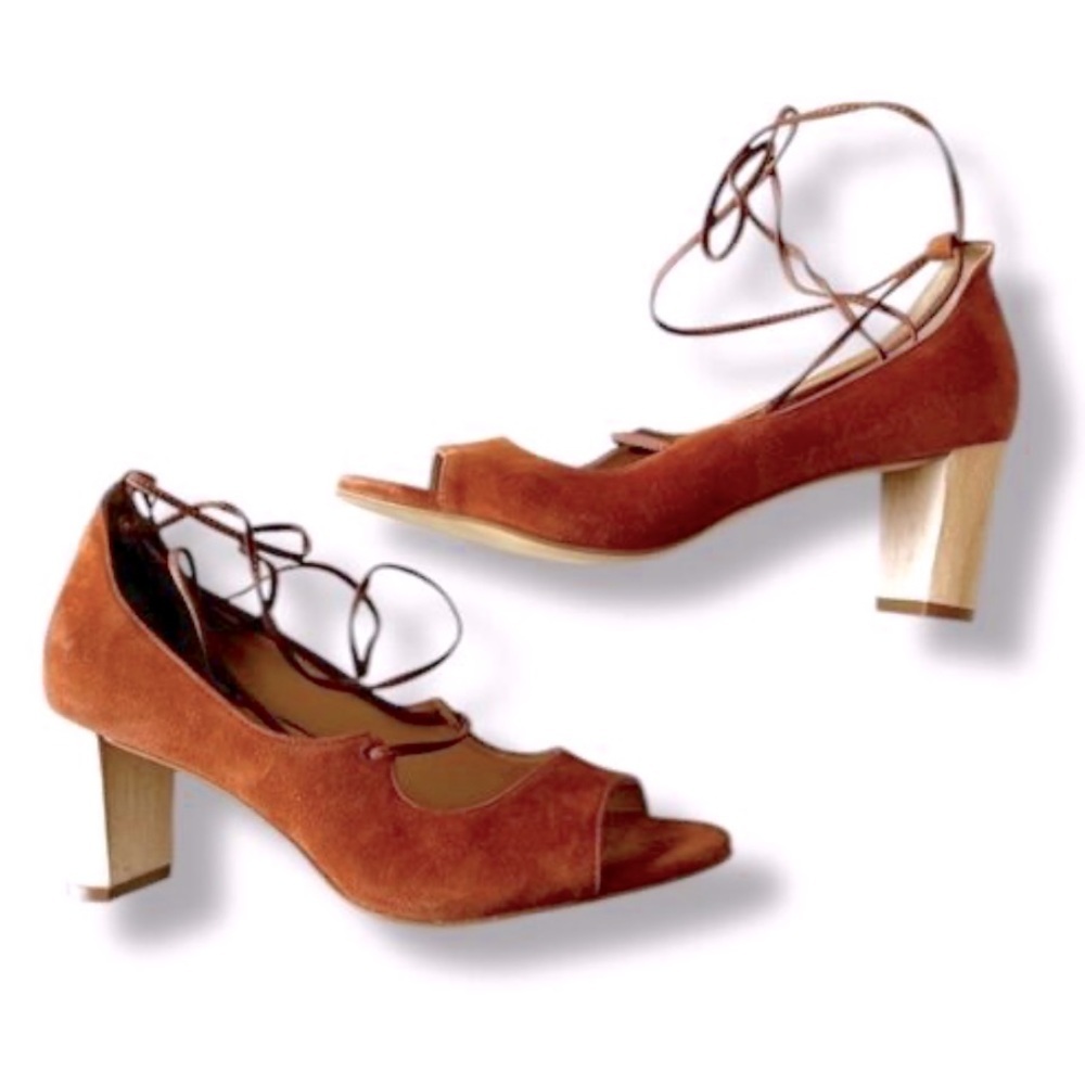 Talbots | Women’s rust brown suede leather peep toe ankle tie Hilary heels, sz 9